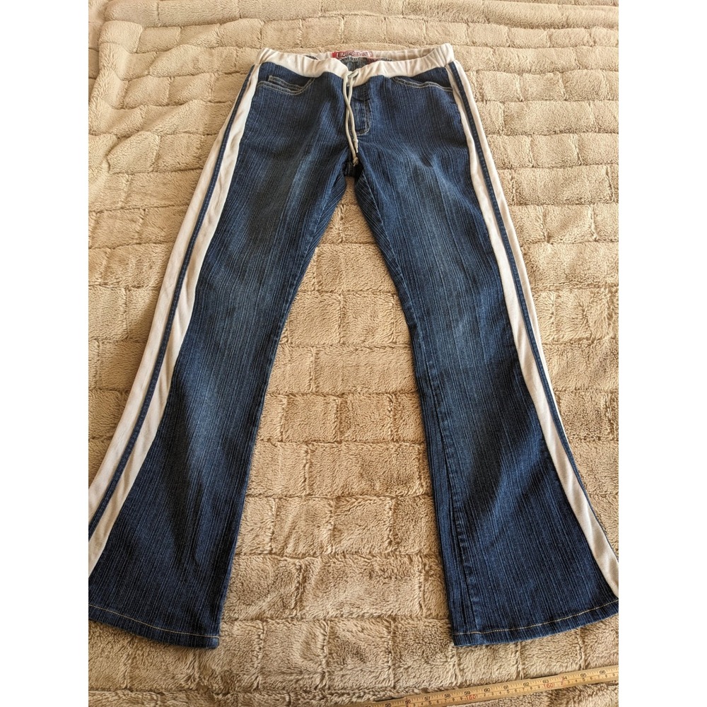 Laze Jeans Womens 13 Flare Denim Side Stripe Velour Waist Y2K Dark Wash Blue